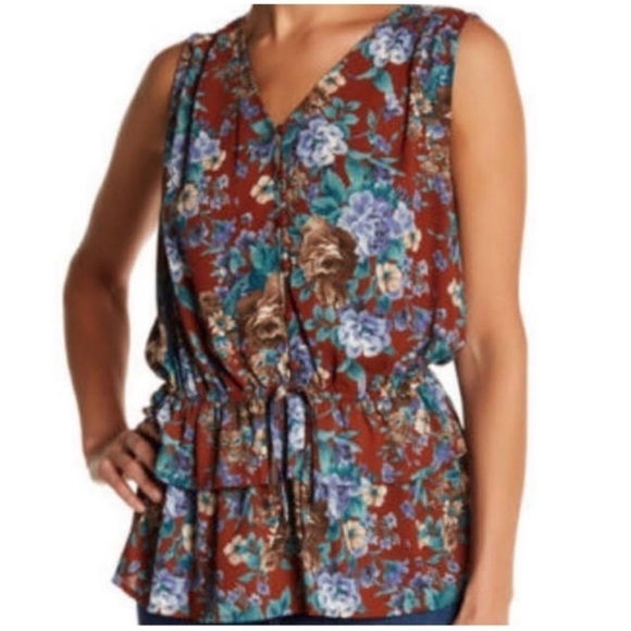 New Pleione Rust Red Floral Sleeveless Ruffled Cinched Waist Top Blouse L BNWT - Picture 1 of 7